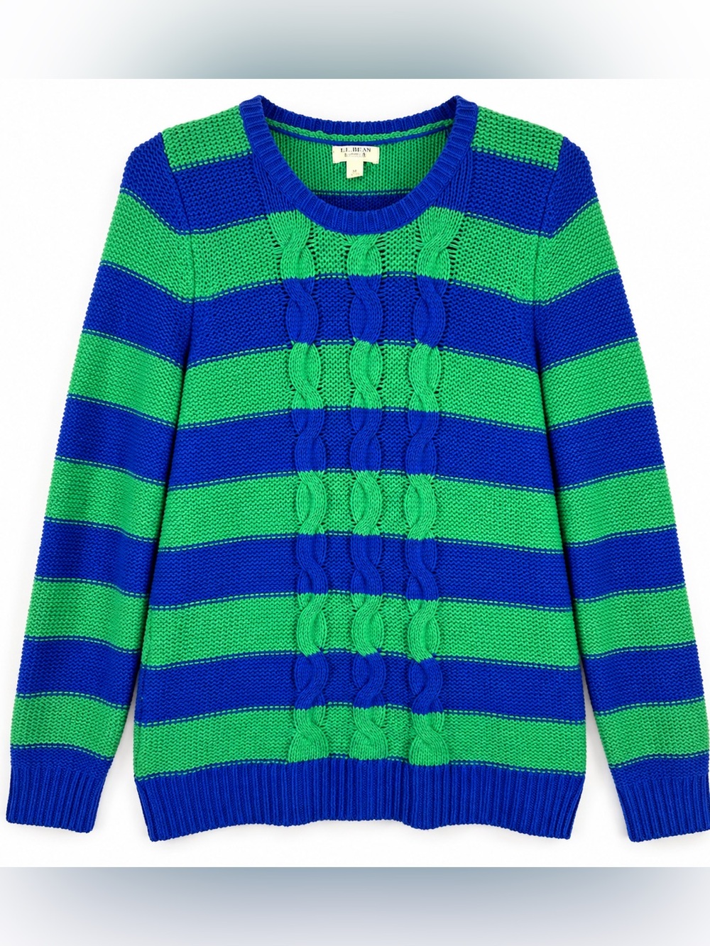 Lands’ End Canvas Cable Knit Rugby Stripe Sweater Blue Green M